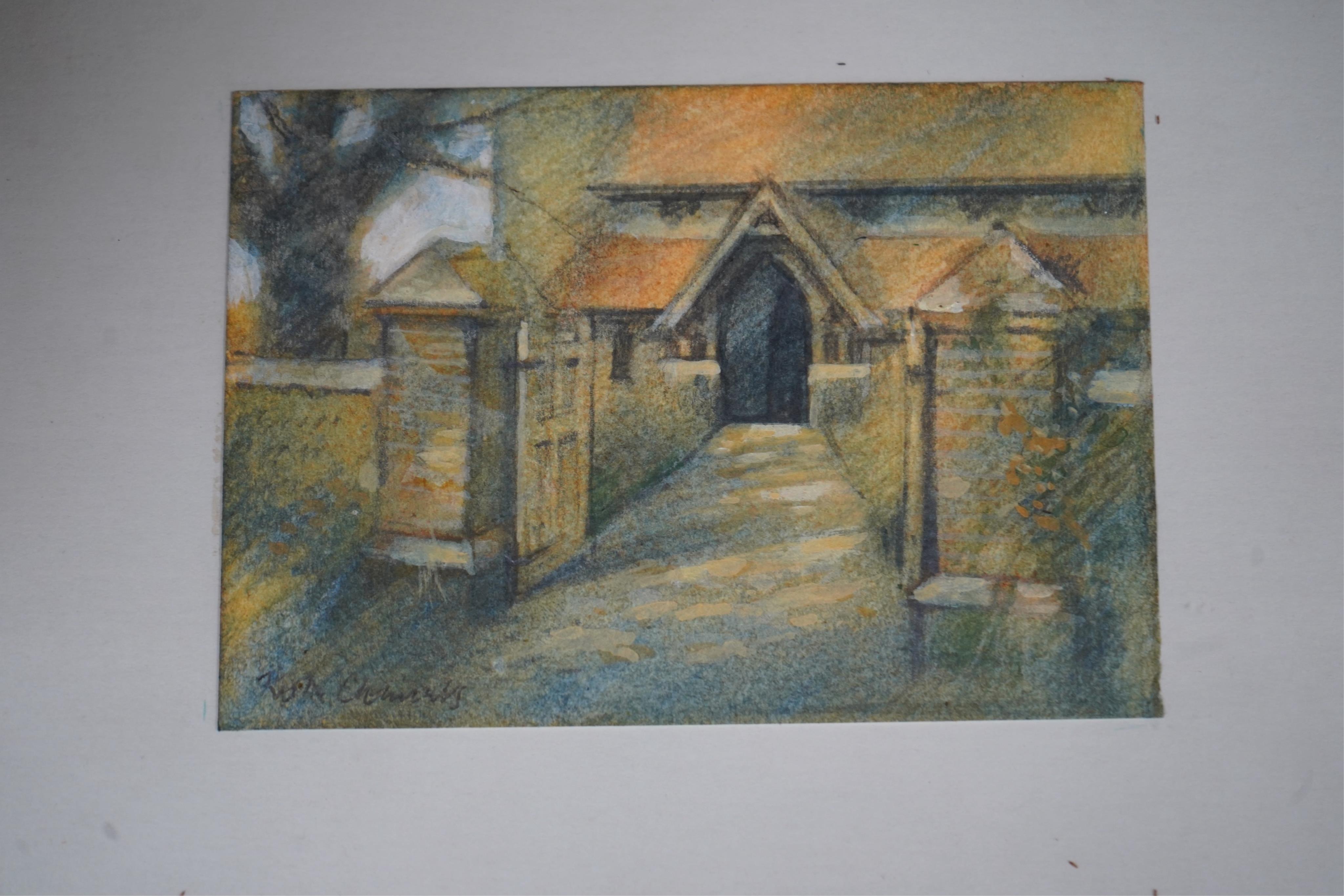Keith Clements, two acrylics on paper, to include ‘Gateway at Iford', signed, label verso, 13 x 9cm. Condition - good
